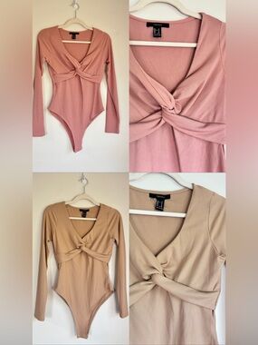 Forever 21 Twist Front Ribbed Long-Sleeve Bodysuit Bundle- Pink & Tan